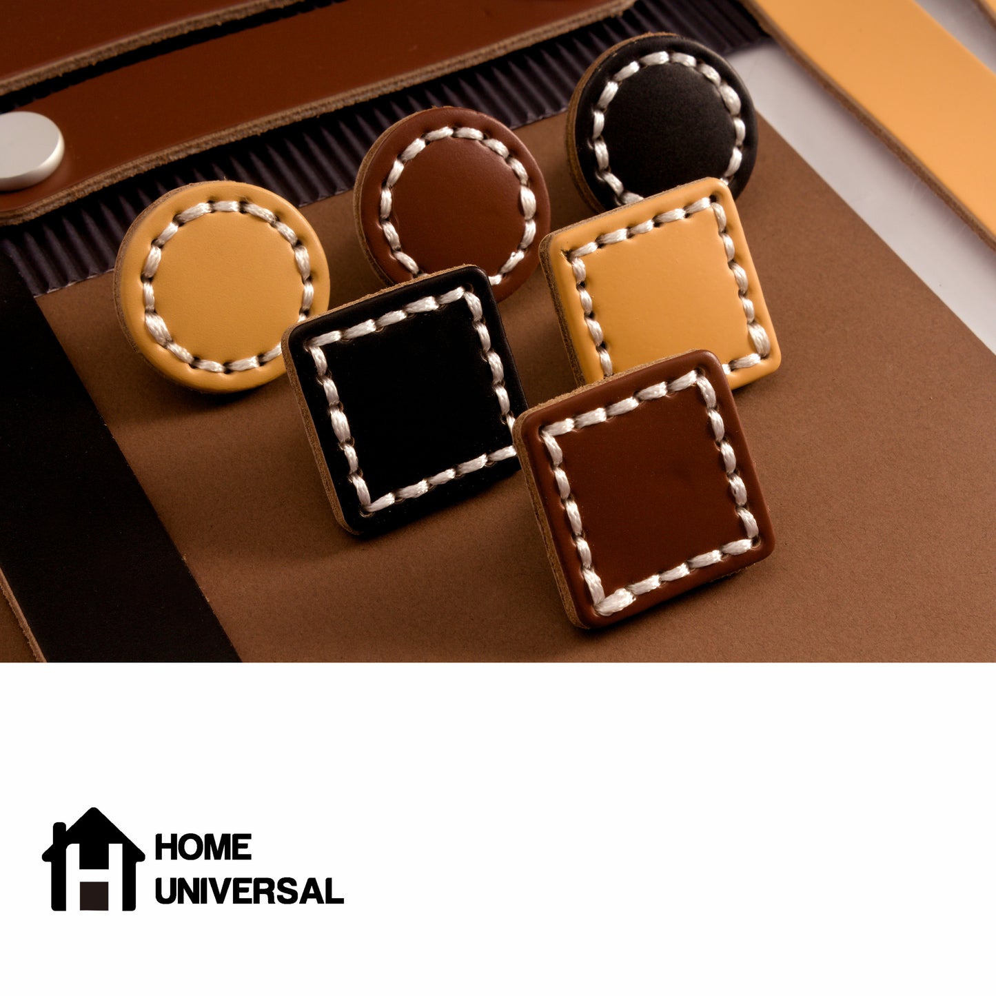 HOME UNIVERSAL | 6 Pomos Tiradores de Cuero Sintético | Tiradores para Armarios y Cajones | Tiradores y Pomos para el Baño | Decoraciones Originales | Tornillos Incluidos | (Pomo_Marron_Cuadrado)