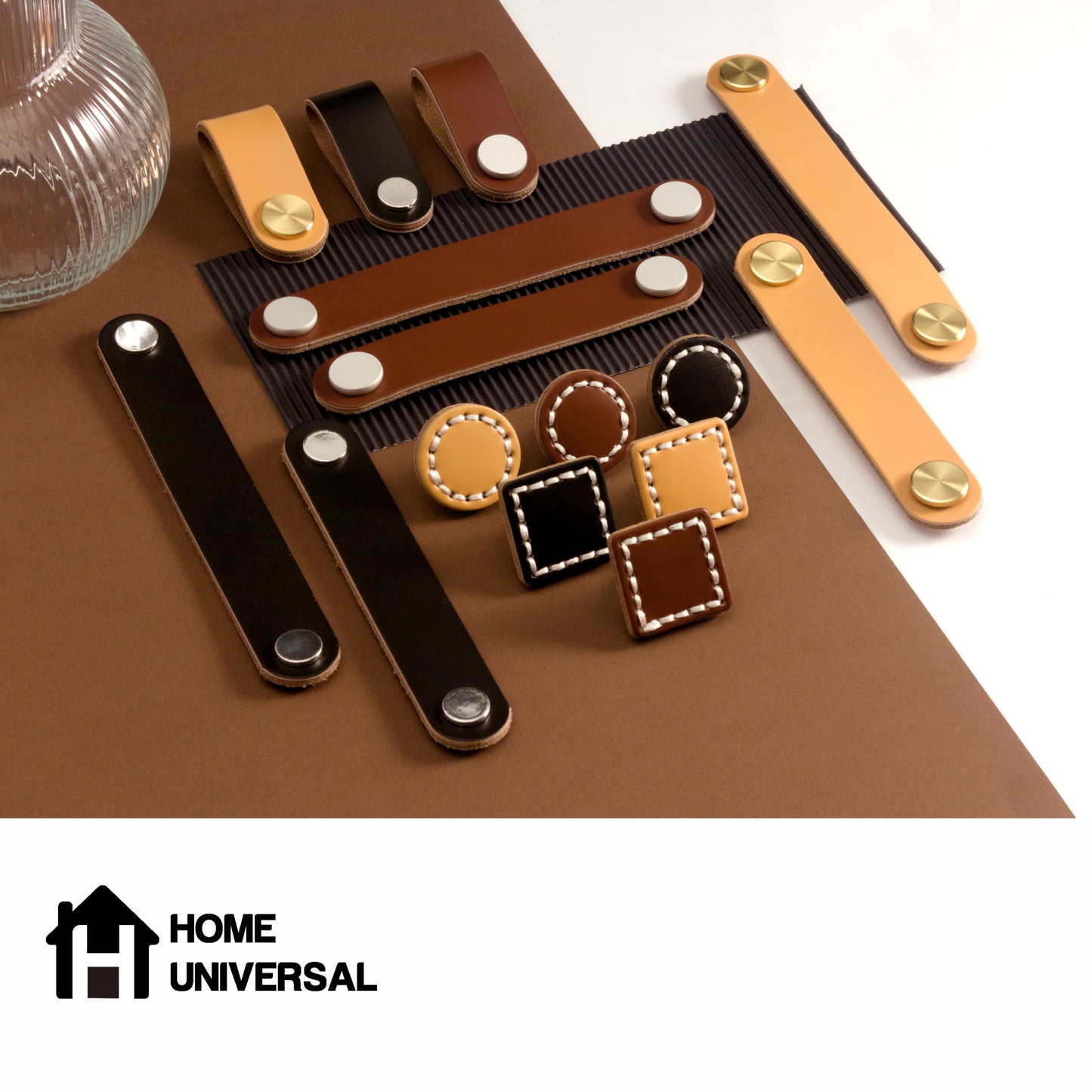 HOME UNIVERSAL | Pomos Tiradores de Cuero Sintético | Tiradores para Armarios y Cajones | Tiradores y Pomos para el Baño | Decoraciones Originales | Tornillos Incluidos | (Tirador_Marron_13.8cm)