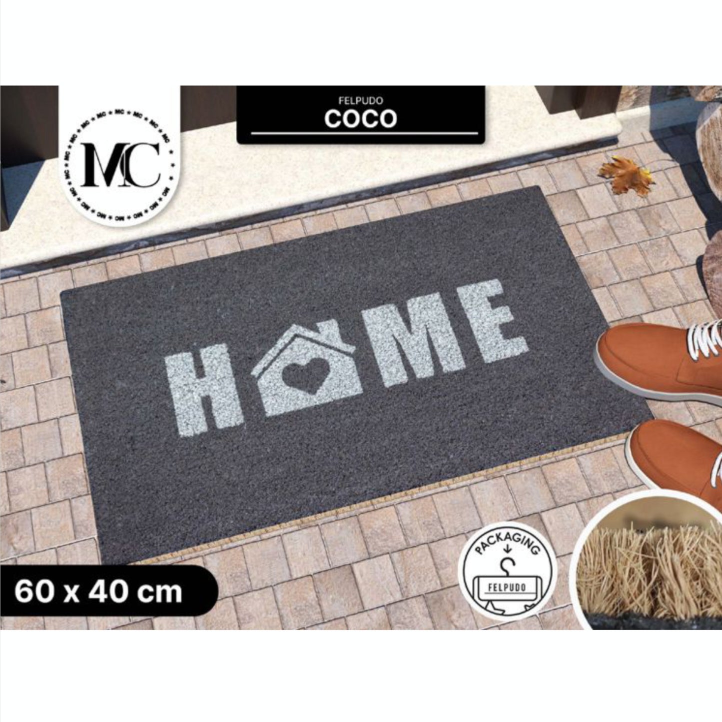 HOME UNIVERSAL | Felpudos de Fibra de Coco con Base Antideslizante 60x40x1.5CM (HOME GRIS)