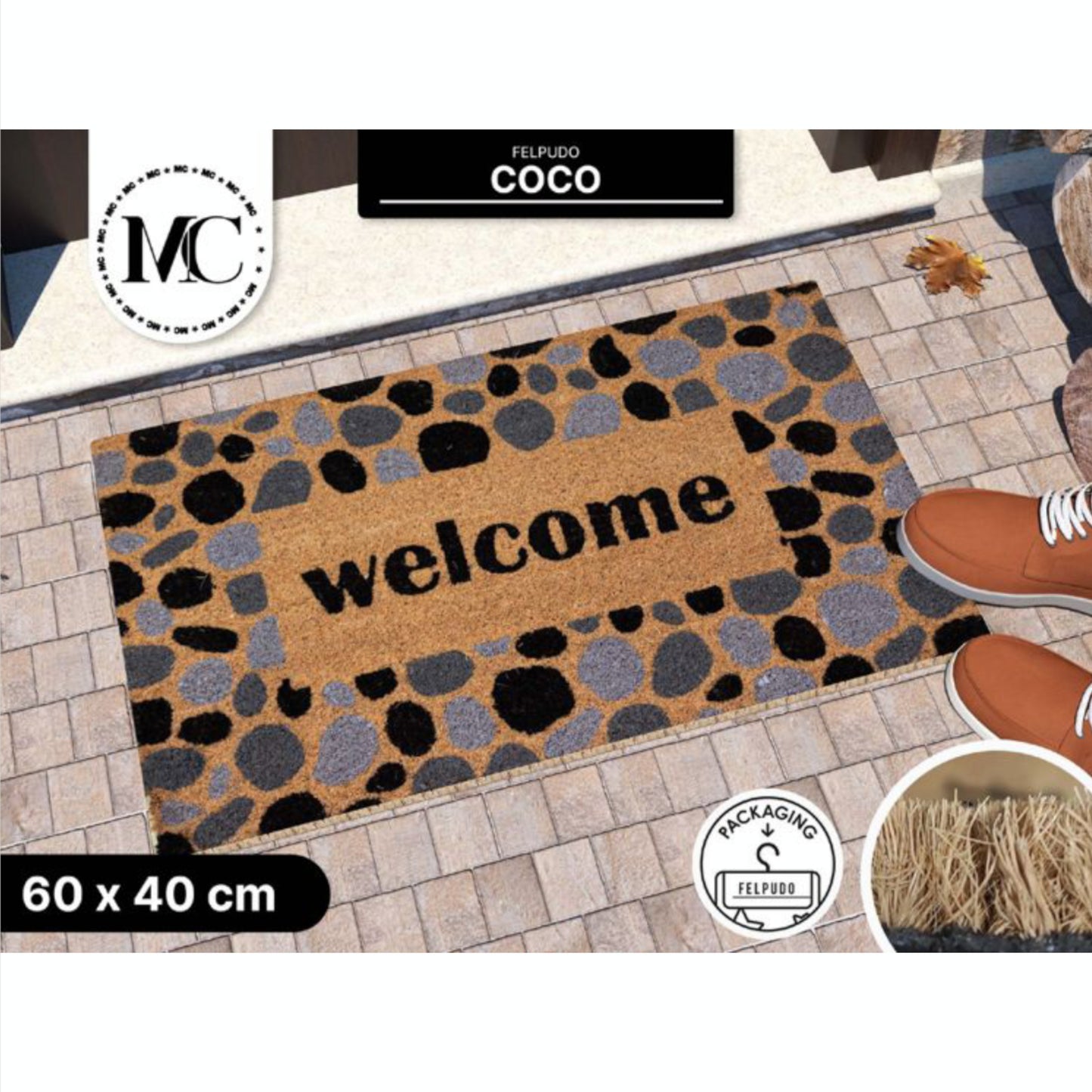 HOME UNIVERSAL | Felpudos de Fibra de Coco con Base Antideslizante 60x40x1.5CM (WELCOME_PIEDRAS)