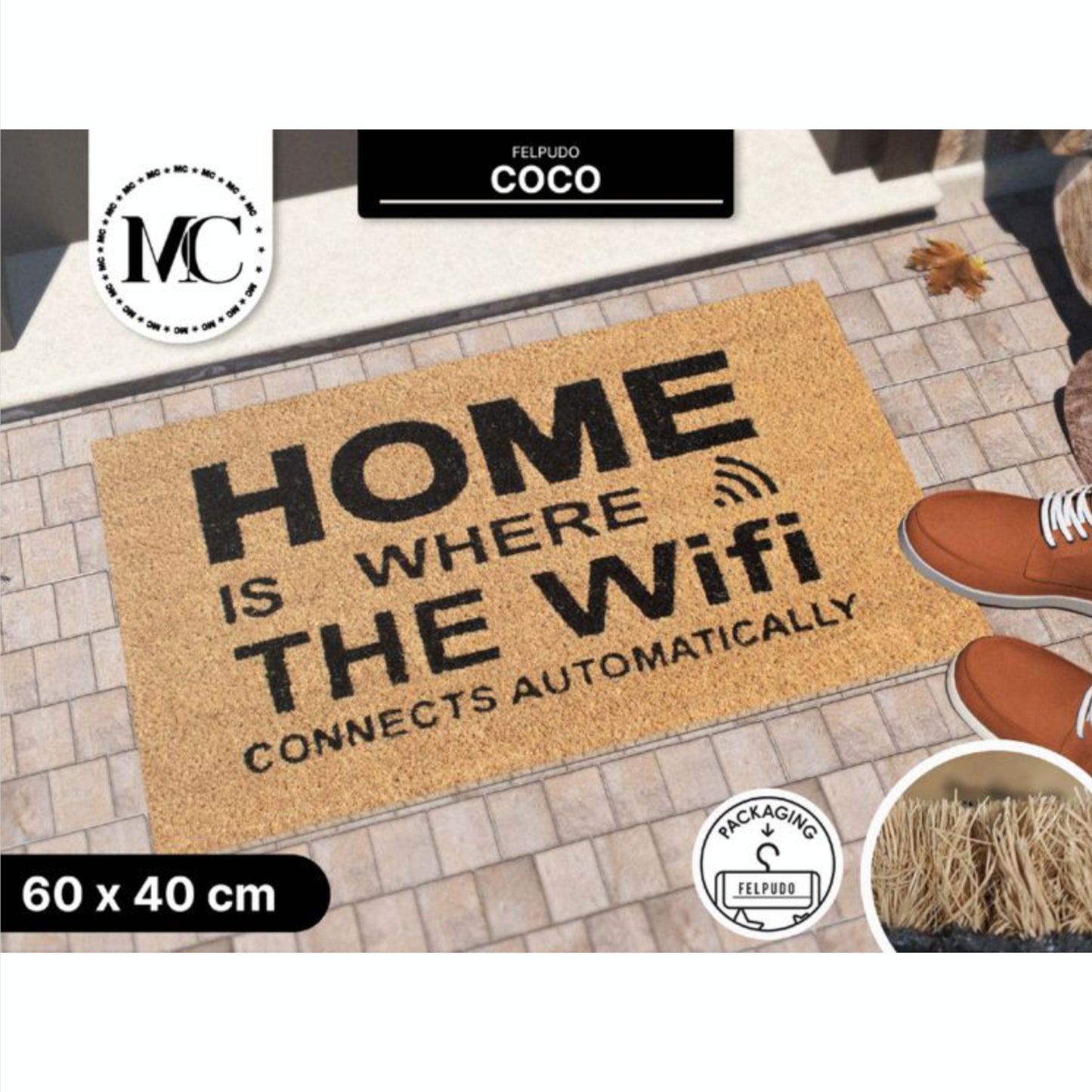 HOME UNIVERSAL | Felpudos de Fibra de Coco con Base Antideslizante 60x40x1.5CM (WI-FI)