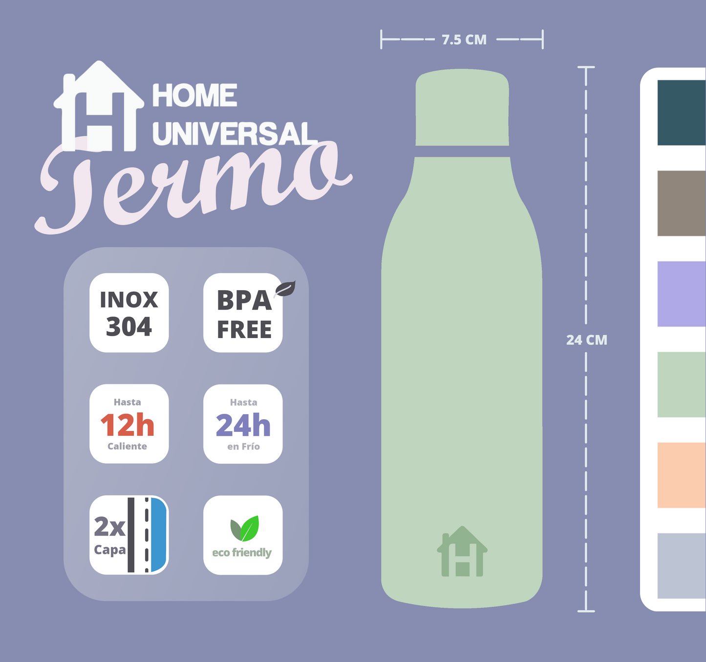 HOME UNIVERSAL | BOTELLA TERMO 550ML | TACTO SEDA (VERDE MENTA)