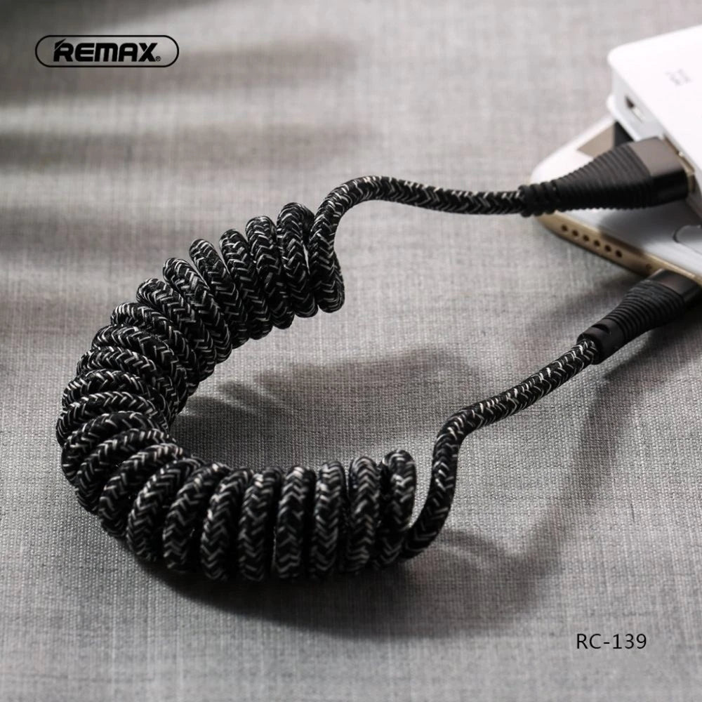 REMAX RC-139 Cable Espiral USB Corto y Flexible 2.1A de iPhone/Tipo C/Micro USB, Cable para Cargar Teléfono Móvil o Pasar Datos, 28-60cm