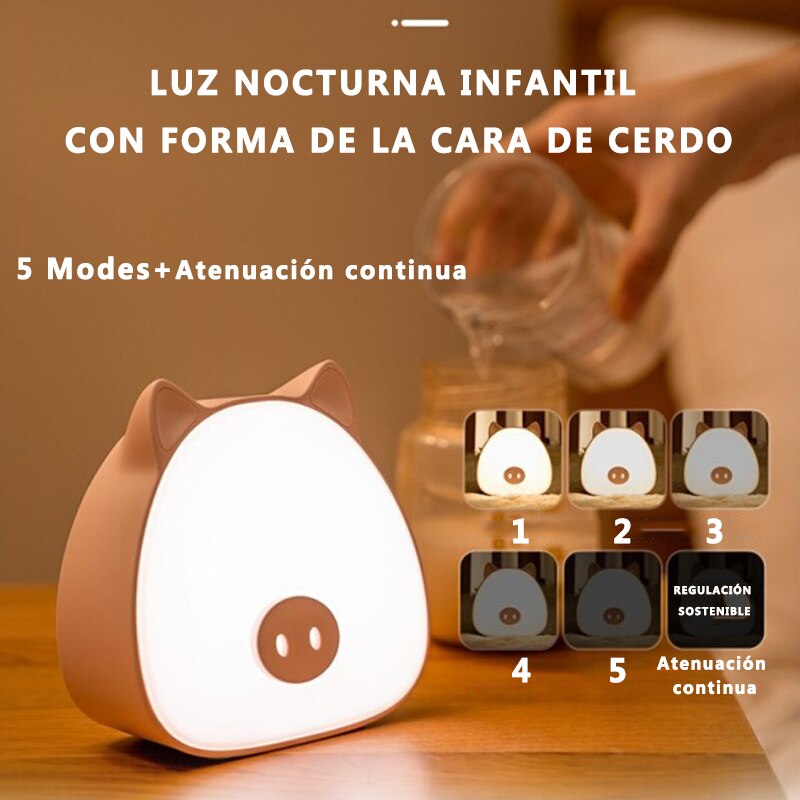 Luz Nocturna Infantil Con Forma De La Cara De Cerdo, Con Sensor Táctil, Decoración De Habitación, Potencia Regulable-9056A