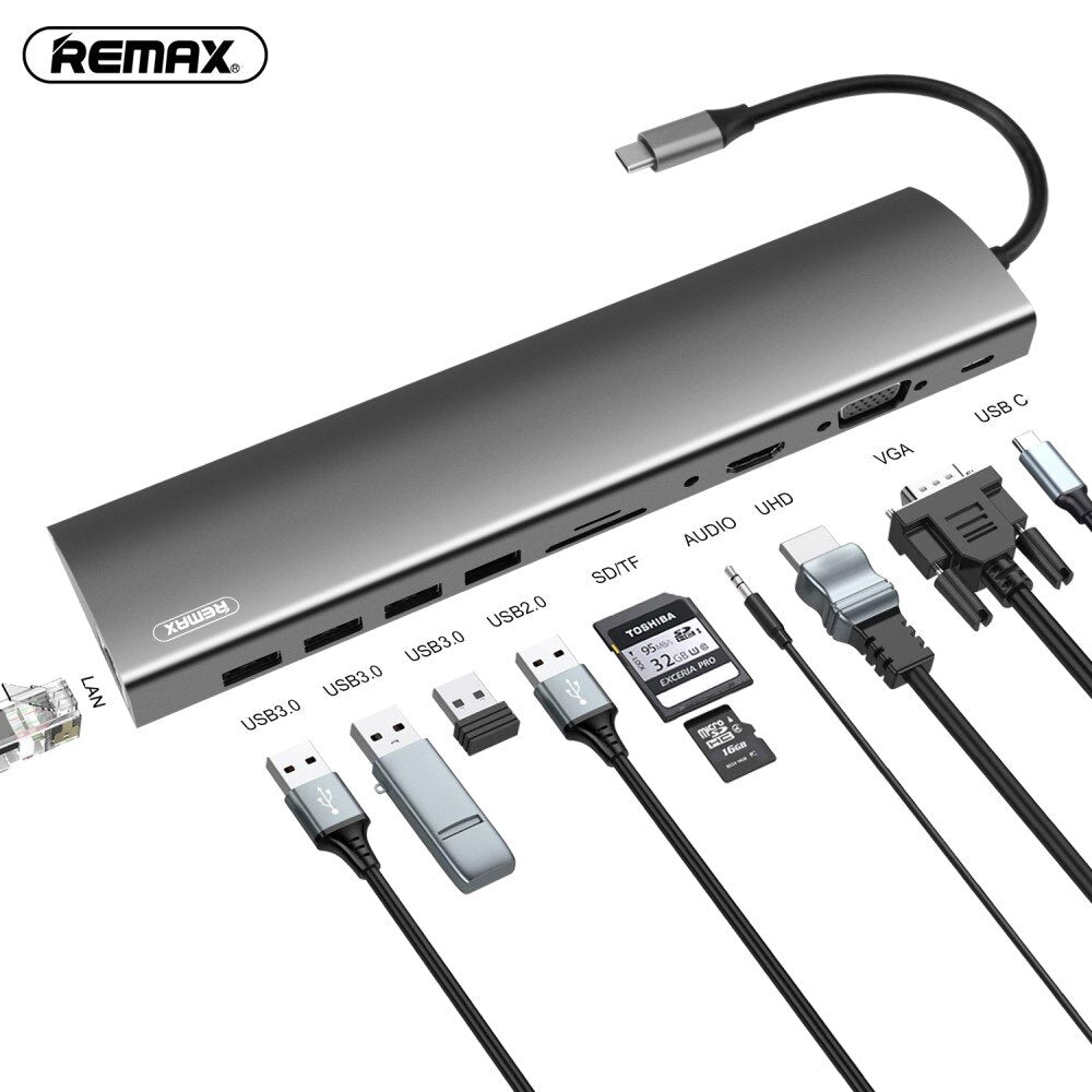 REMAX RU-U70 Docking Station Tipo-C con Puertos de HDMI, Tipo-C, VGA, Ethernet, tarjeta SD y TF,AUX,USB 2.0 y 3 USB 3.0, con Alta Velocidad para Conectar con Disco Duro Externo, Pen Drive, Video 4K,Internet,Monitor de PC, etc