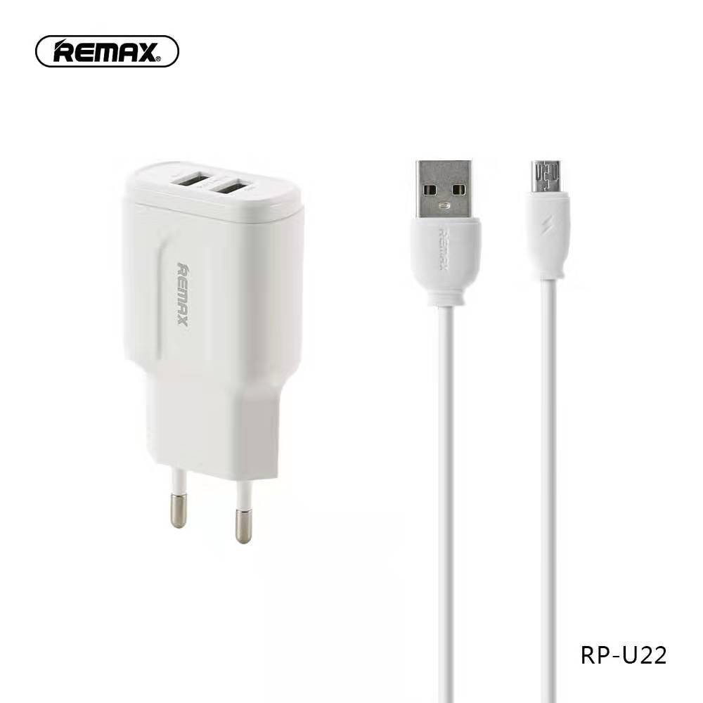 REMAX RP-U22 Cargador de Móvil con 2 Puertos de USB, con Un Cable de Micro USB de 100cm Incluido, 2.4A(MAX)