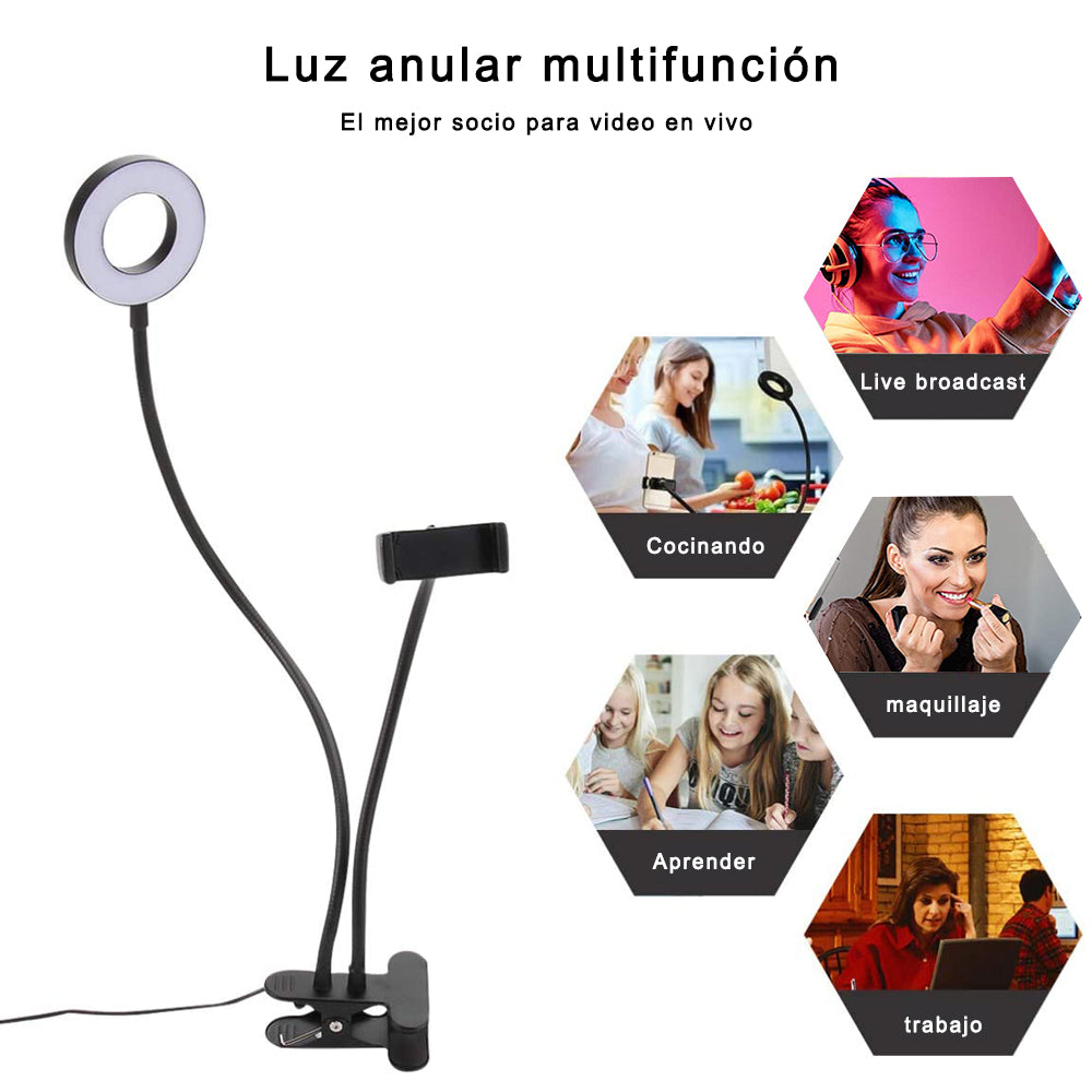 Anillo de Luz Selfie, 360° Abrazadera Selfie Anillo Luz con Soporte,2 en 1 Luz para Transmisión en Vivo Maquillaje Toma de Fotos