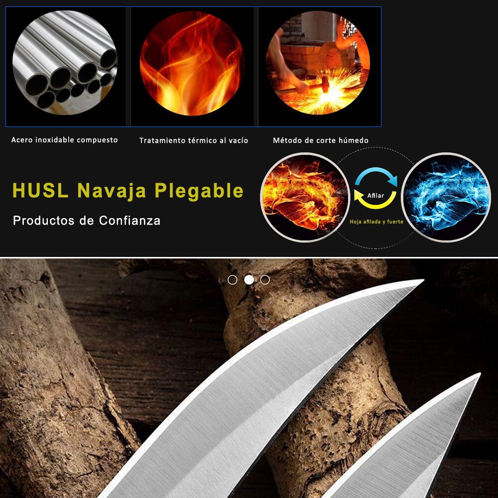 Navaja de Camping Plegable, Cuchillo Plegable con Mango de Madera para Supervivencia Al Aire Libre, Navaja para Caza/Pesca, Navaja hecho de Acero Inoxidable de Bolsillo, para Acampar, Picnic, Caza