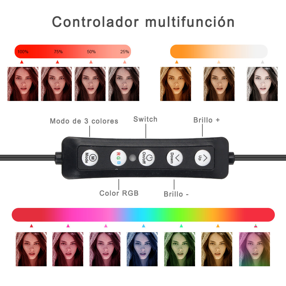 Anillo de Luz RGB LED con Trípode 14"/36CM con Control Remoto y 3 Soportes teléfono, Lámpara de anillo de Selfie regulable para Youtube