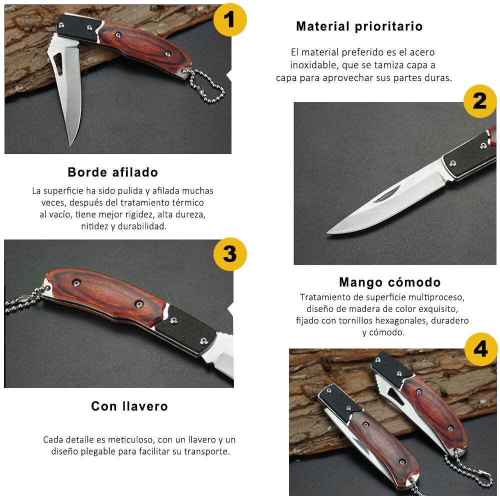 Navaja de Camping Plegable, Cuchillo Plegable con Mango de Madera para Supervivencia Al Aire Libre, Navaja para Caza/Pesca, Navaja hecho de Acero Inoxidable de Bolsillo, para Acampar, Picnic, Caza