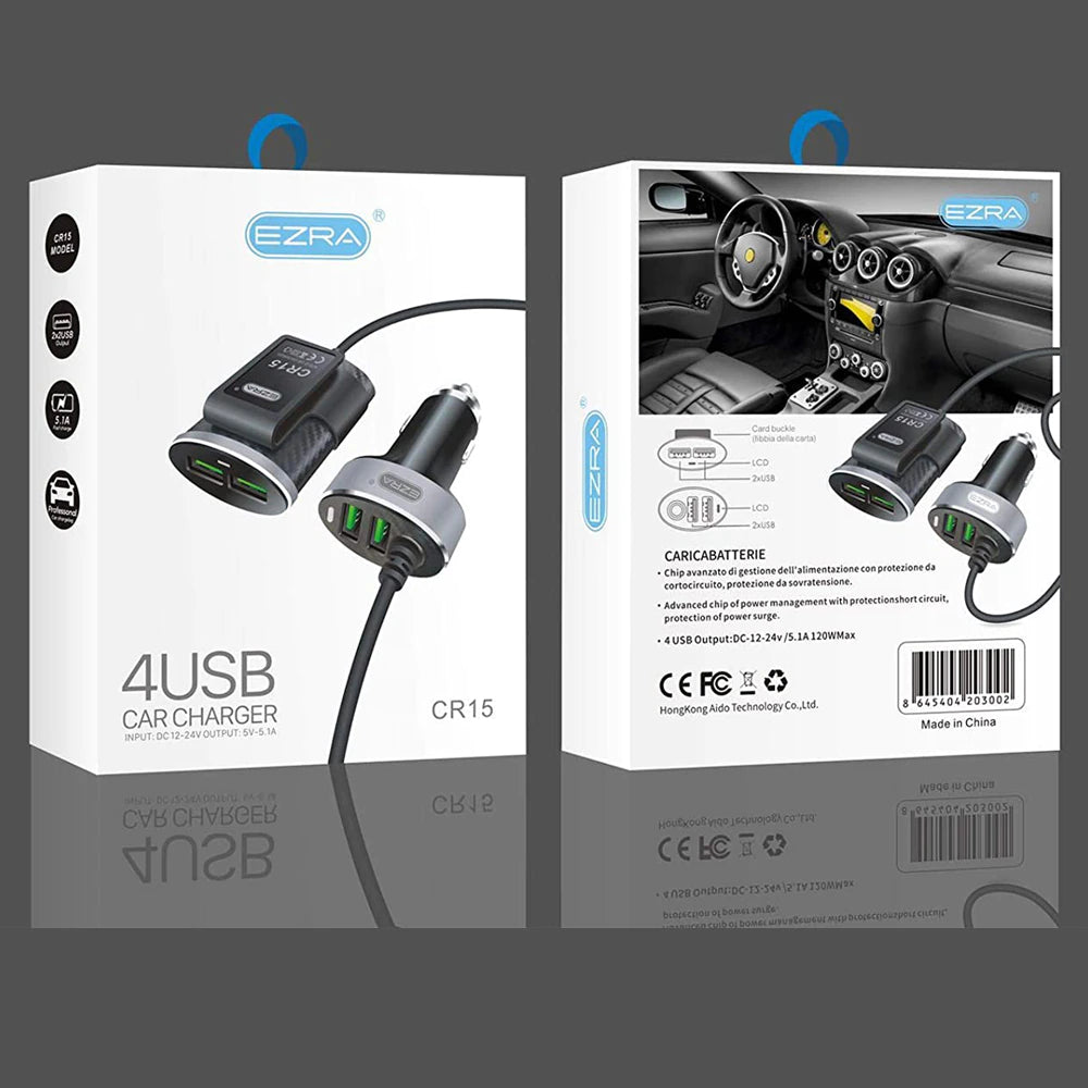 Cargador de Coche 2+ 2 Puertos de USB,DC12-24V, 5.1A (Max),Cable de 87cm,Cargador Mechero para Móvil y Tablet