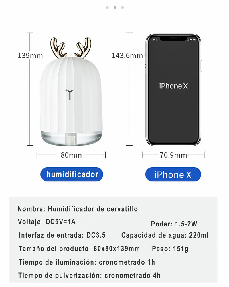 Humidificador de Ciervo Creativo, Difusor de aceites esenciales portátil USB Luces De Noche De Colores Mini humidificador