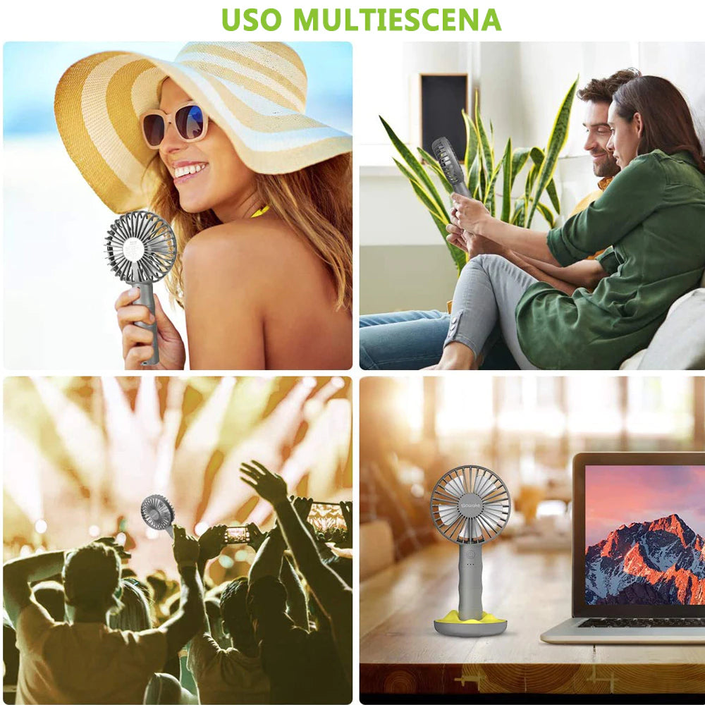 Ventilador Portátil USB con Base, Mini Ventilador Recargable Bambú Diseño con 3 Velocidades Ajustables