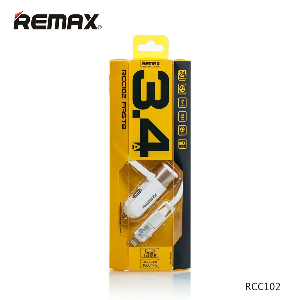 REMAX RCC 102 Cargador de Coche 3 en 1,DC12-24V, Cargador Mechero con Cable de Lightning y Adaptador de Tipo-C,5V-3.4A