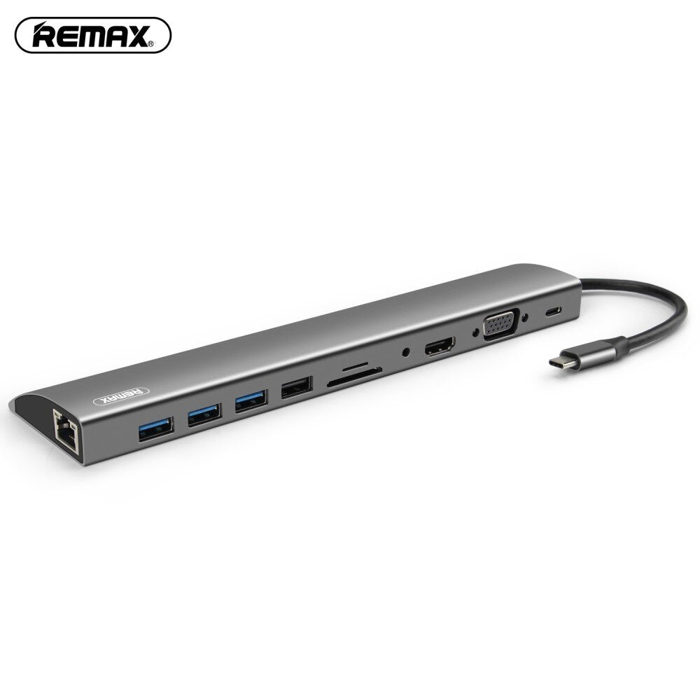 REMAX RU-U70 Docking Station Tipo-C con Puertos de HDMI, Tipo-C, VGA, Ethernet, tarjeta SD y TF,AUX,USB 2.0 y 3 USB 3.0, con Alta Velocidad para Conectar con Disco Duro Externo, Pen Drive, Video 4K,Internet,Monitor de PC, etc