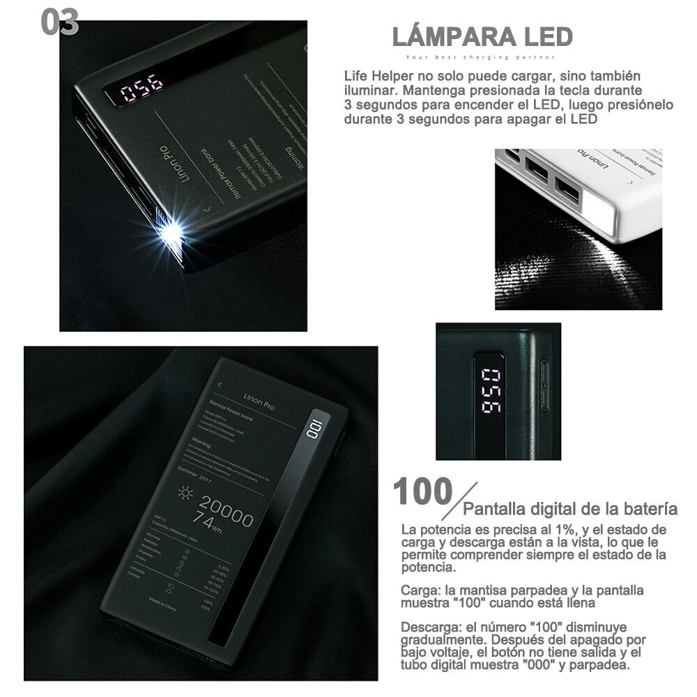 Batería Externa RPP73, 20000mAh Cargador Portátil con Alta Capacidad USB 2.0A,LED Linterna y Pantalla digital de la batería