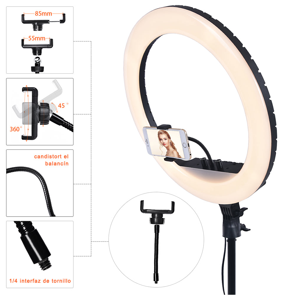 Anillo de Luz RGB LED con Trípode 14"/36CM con Control Remoto y 3 Soportes teléfono, Lámpara de anillo de Selfie regulable para Youtube