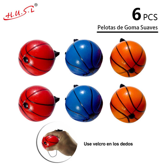 HUSL Bolas de Goma de Rebote con correa para el dedo y cuerda elástica, Bolas de deportes de goma suave, pelota para jugar en zona interior y aire libre, diseñado para los niños-Diámetro approx.6.3 cm(Baloncesto en multicolor)