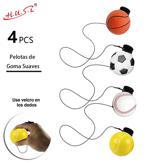 HUSL Bolas de Goma de Rebote con correa para el dedo y cuerda elástica, Bolas de deportes de goma suave, pelota para jugar en zona interior y aire libre, diseñado para los niños-Diámetro approx.6.3 cm(Baloncesto, futbol, voleibol, béisbol)