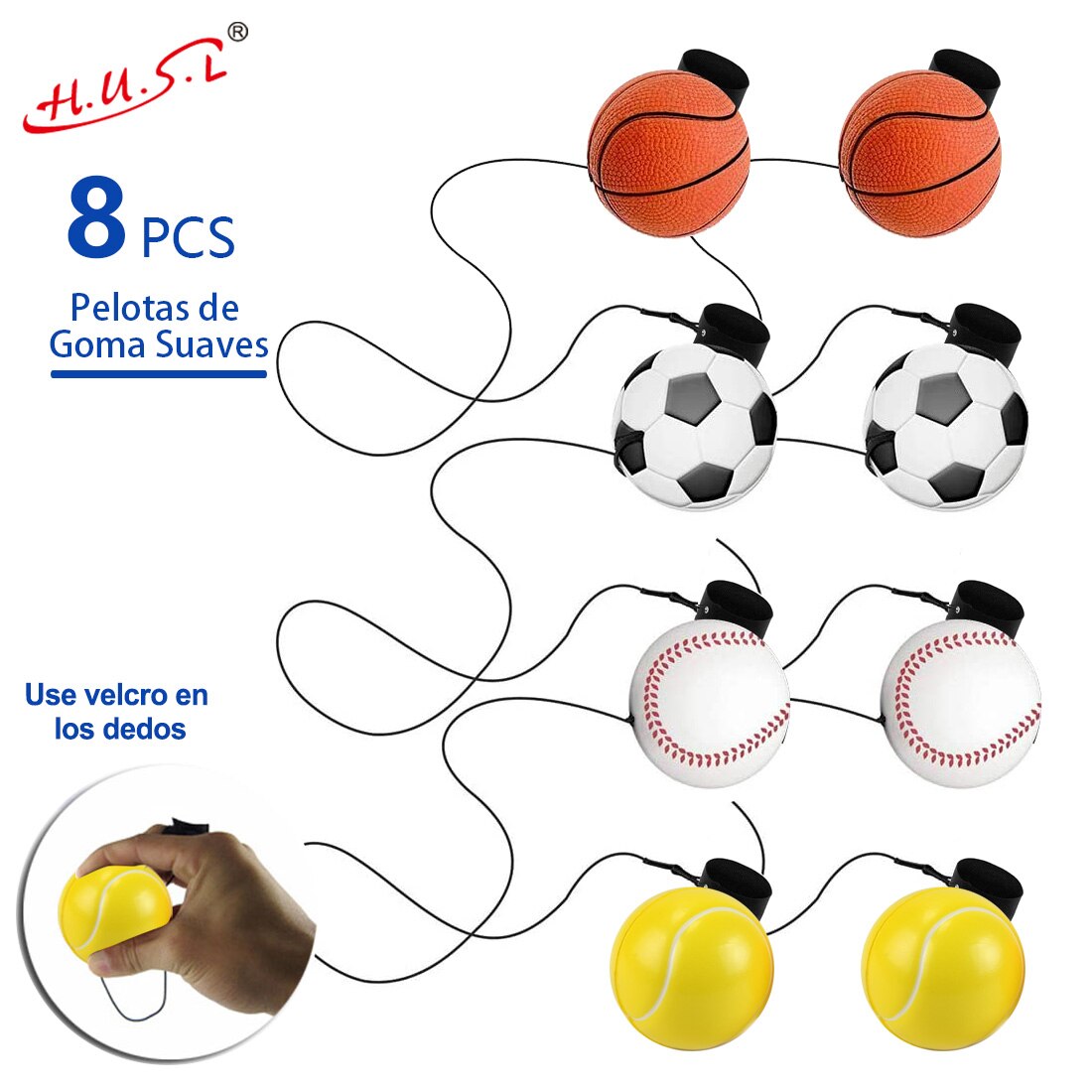 HUSL Bolas de Goma de Rebote con correa para el dedo y cuerda elástica, Bolas de deportes de goma suave, pelota para jugar en zona interior y aire libre, diseñado para los niños-Diámetro approx.6.3 cm(Baloncesto, futbol, voleibol, béisbol)