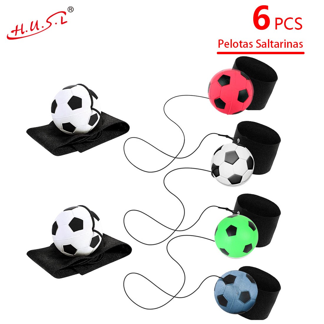 HUSL Bolas de Goma de Rebote con correa para la muñeca y cuerda elástica, Bolas de deportes de goma suave, pelota para jugar en zona interior y aire libre, diseñado para los niños-Diámetro approx.6.3 cm(Futbol en multicolor)