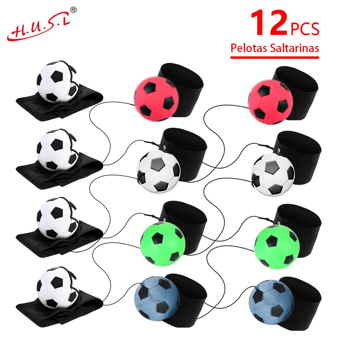 HUSL Bolas de Goma de Rebote con correa para la muñeca y cuerda elástica, Bolas de deportes de goma suave, pelota para jugar en zona interior y aire libre, diseñado para los niños-Diámetro approx.6.3 cm(Futbol en multicolor)