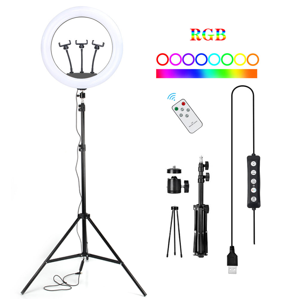 Anillo de Luz RGB LED con Trípode 14"/36CM con Control Remoto y 3 Soportes teléfono, Lámpara de anillo de Selfie regulable para Youtube