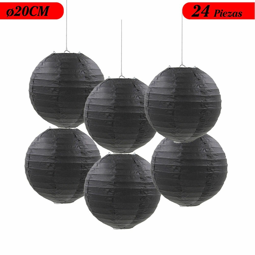 Farol Japonés, Farolillos de papel,20cm,25cm,30cm,40cm De Papel, Pantalla Papel Redondo, Para Bodas, Cumpleaños, Decoraciones Para Jardín, Salón, Patio, Color Liso-Negro