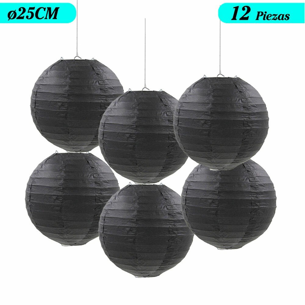 Farol Japonés, Farolillos de papel,20cm,25cm,30cm,40cm De Papel, Pantalla Papel Redondo, Para Bodas, Cumpleaños, Decoraciones Para Jardín, Salón, Patio, Color Liso-Negro